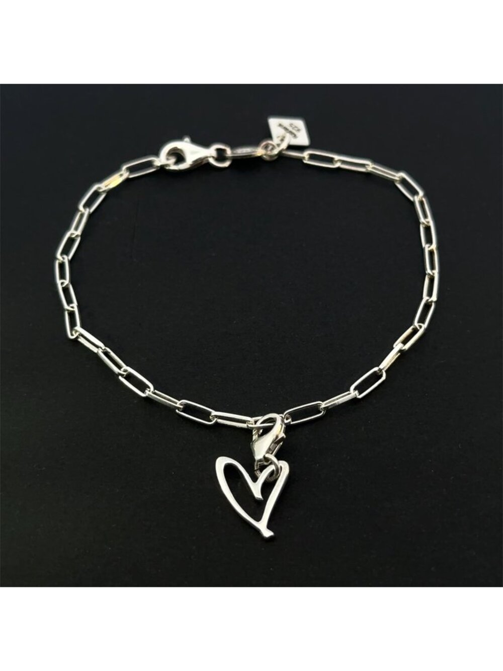 925 Sterling Silver Paperclip Chain Removable Heart Charm Bracelet Size 7"